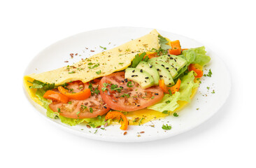 Tasty omelet with vegetables on white background