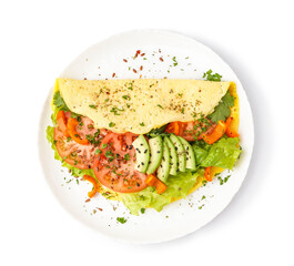 Tasty omelet with vegetables on white background