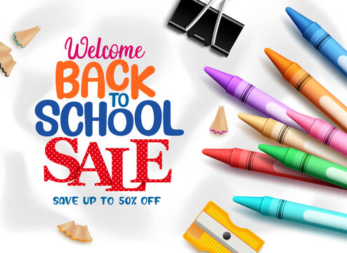 Back to school sale vector design. Back to school sale save up to 50% off text with student supplies in background. Vector illustration back to school sale background.