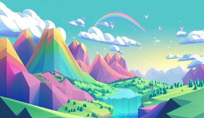 Low Poly Mountain Landscape with Vibrant Rainbow