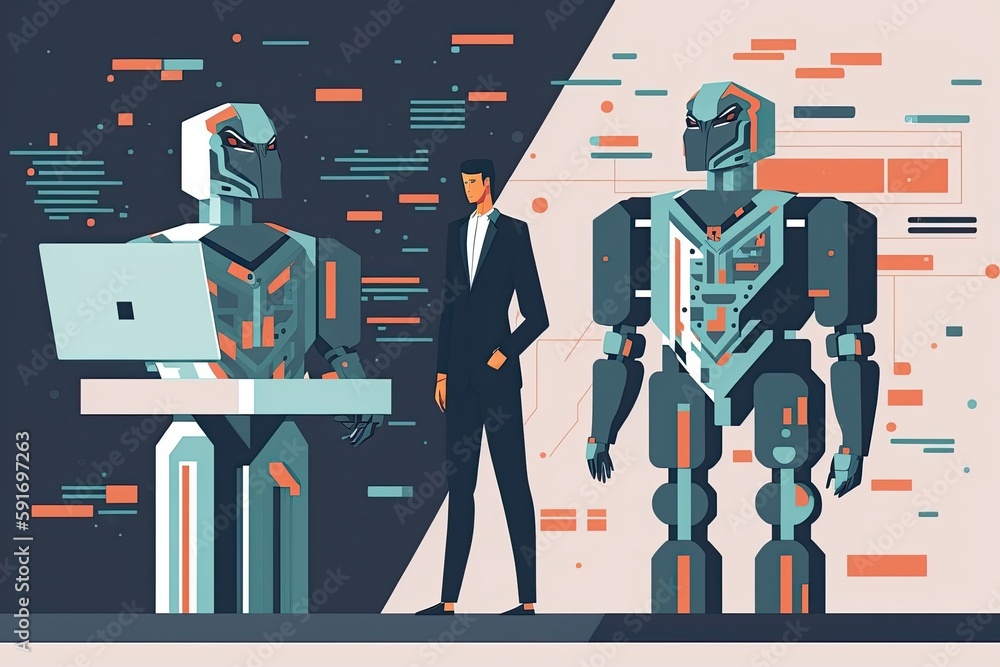Poster man and a robot working together on a computer. generative ai