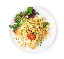 Plate with tasty scrambled eggs sandwich and salad on white background