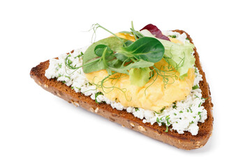 Tasty scrambled eggs sandwich and greens on white background