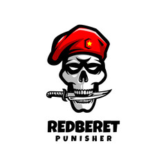 Skull army with red beret biting knife