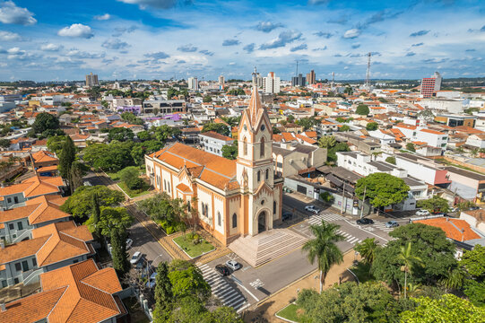 Salto, S&atilde;o Paulo/Brazil - Circa February 2023: Aerial view of Salto, S&atilde;o Paulo. Parish of Our Lady of Mount Serrat