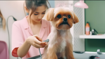 Yorkshire Terrier dog grooming at grooming salon, Groomer concept, generative ai