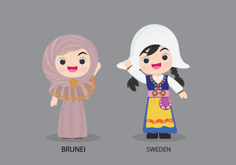 Brunei peopel in national dress. Set of Sweden woman dressed in national clothes. Vector flat illustration.