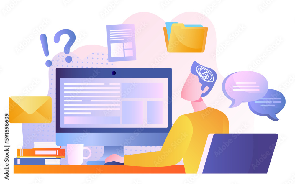 Aufkleber information overload concept. man sits at computer in workplace. tired and overworked employee. depr