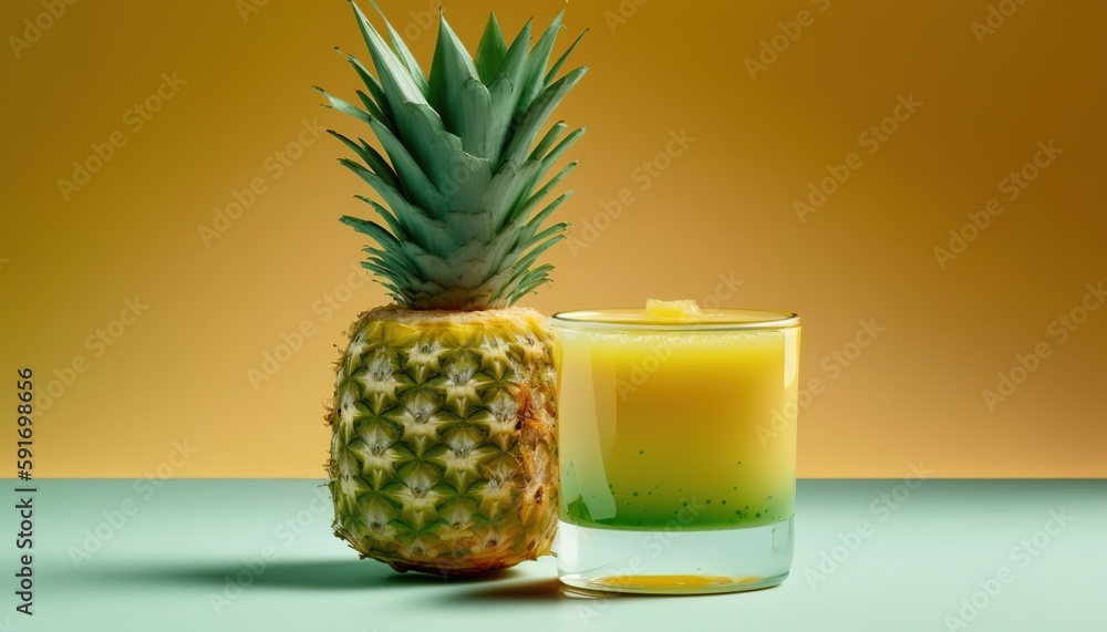 Poster pineapple juice label front view on green and white background. generative ai