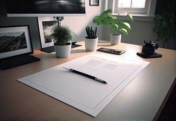 Blank white desk mat on work table mockup, side view. Generative AI