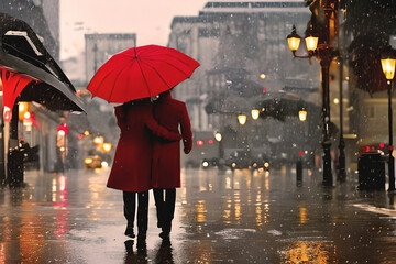 Elegant couple with red umbrella and coat on rainy evening.