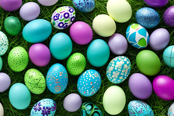 Fototapeta na wymiar Multicolor easter eggs on green field