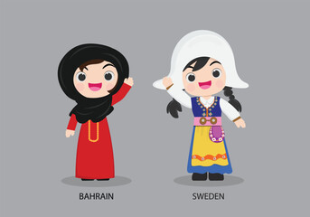 Bahrain peopel in national dress. Set of Sweden woman dressed in national clothes. Vector flat illustration.