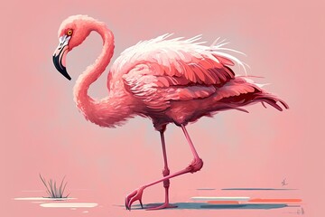 pink flamingo standing on a vibrant pink background. Generative AI