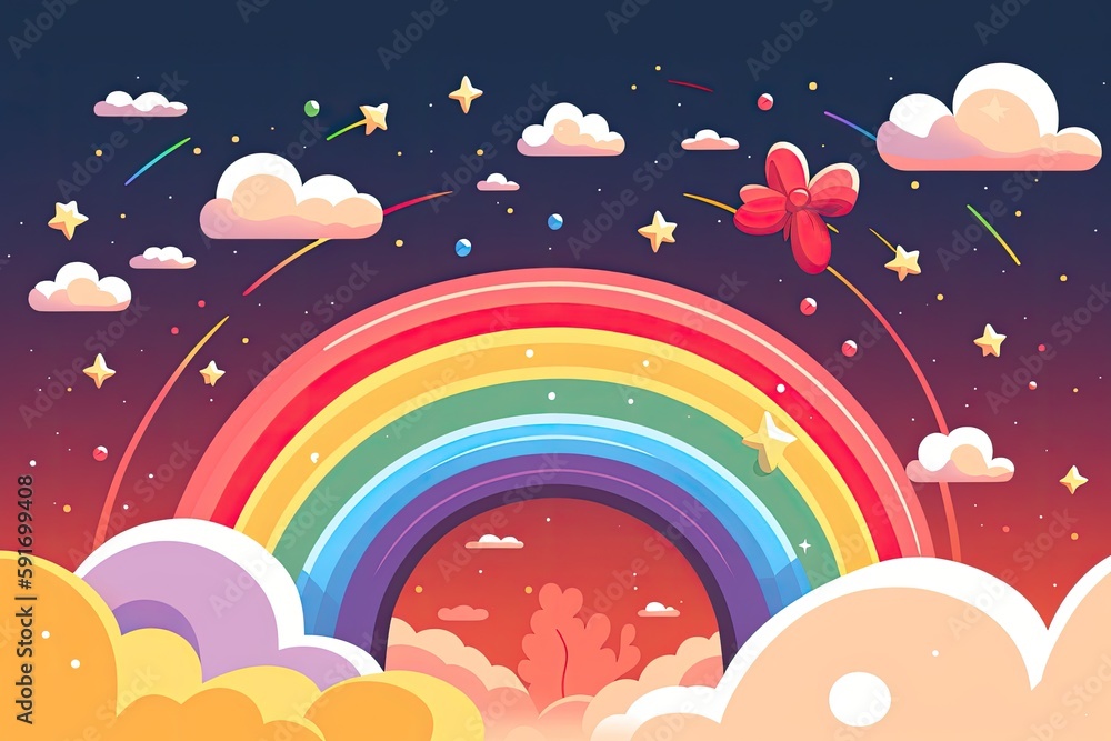 Poster rainbow with stars and clouds in the sky. generative ai