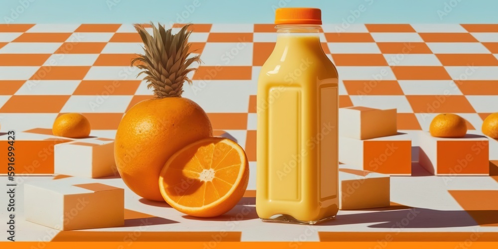 Aufkleber smoothie in a bottle in front of an orange square, seen from the front. generative ai