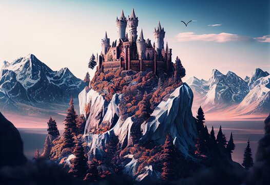 Detailed illustration of an enchanted magical castle kingdom on a mountaintop isolated on a white background, generative ai