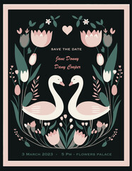Wedding invitation, save the date, wedding card, swans, floral frame, pastel, love vector, flat colours 