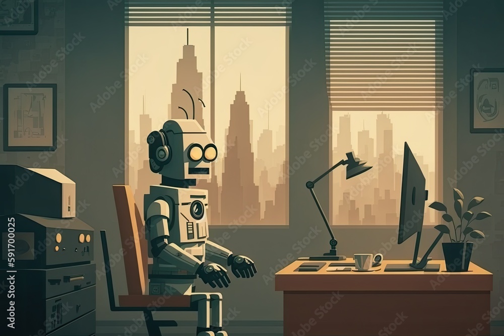 Poster humanoid robot sitting at a desk and working on a computer. generative ai