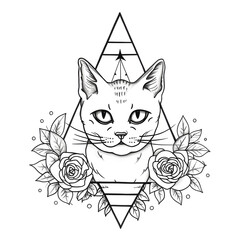 Cat black and white line design created using generative AI technology