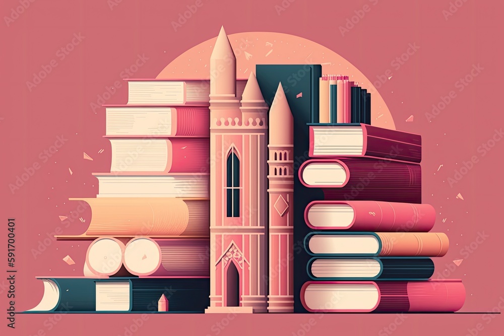 Aufkleber stack of books beside a clock tower. generative ai