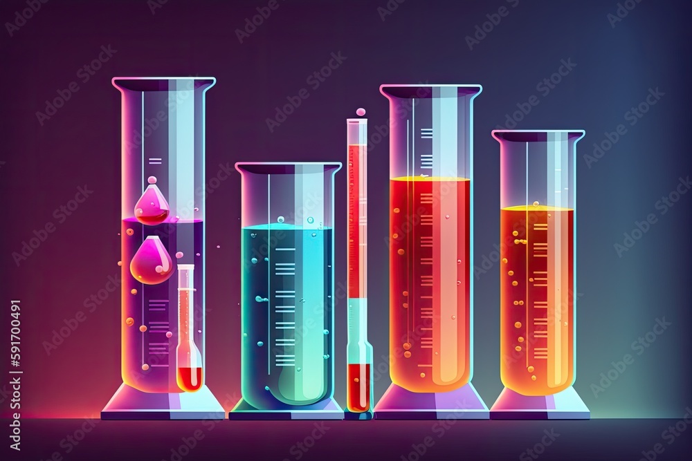 Poster colorful row of test tubes filled with different liquids on a laboratory bench. generative ai