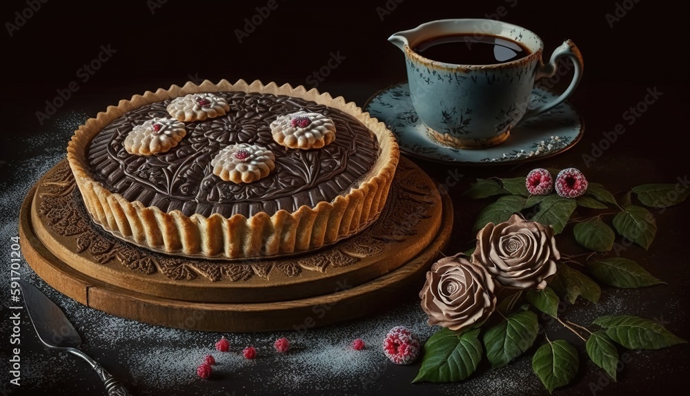 Aufkleber view from in front of a tray of delectable pastries and a cup of tea sit in the shadows. generative 