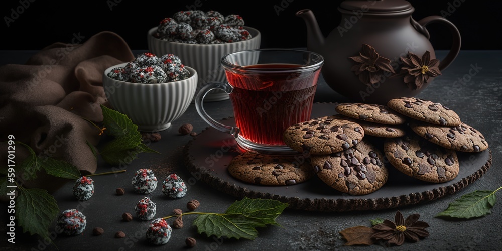 Poster a dark surface with a cup of tea and a frontal view of chocolate biscuits with cranberries. generati