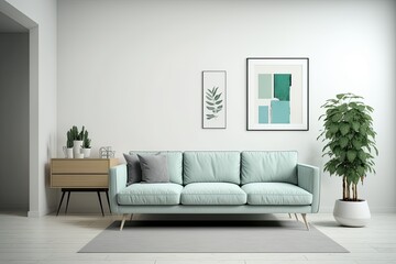 cozy living room with a comfortable couch and a vibrant potted plant. Generative AI