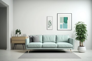 Fototapeta premium cozy living room with a comfortable couch and a vibrant potted plant. Generative AI
