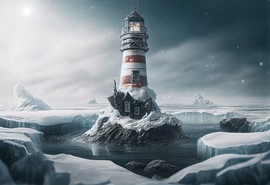 Frozen lighthouse. Generative AI