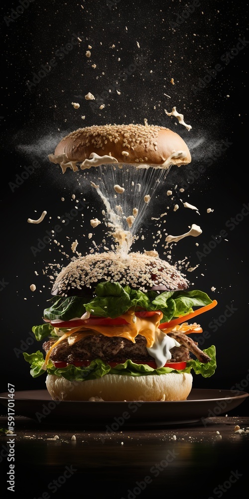 Poster view of a hand putting sesame seeds over a beef burger topped with lettuce and bacon. generative ai