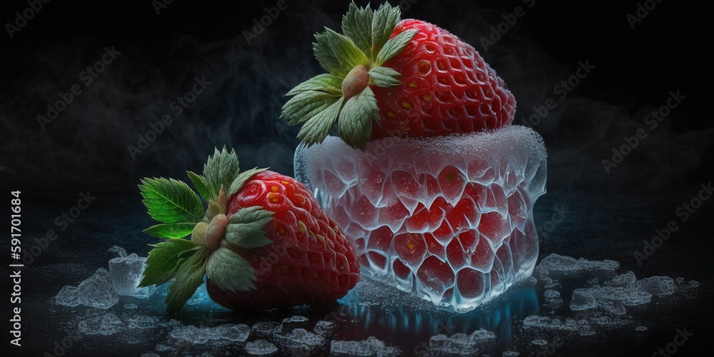 Poster strawberries with ice, frozen and floating over a black background. generative ai
