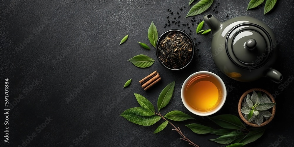 Poster artistic rendition of a tea herb idea in front, with room for text generative ai