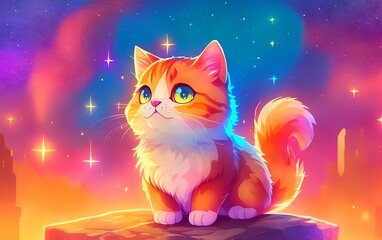 cat cute and adorable in front of a cityscape colorful background. Created with Generative AI Technology