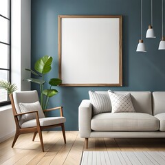 Large mockup frame in a modern living room, Interior design, 3D Illustration, Generative AI