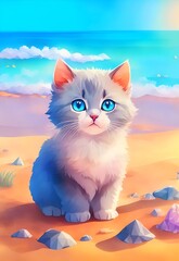 cat cute and adorable in front of a cityscape colorful background. Created with Generative AI Technology