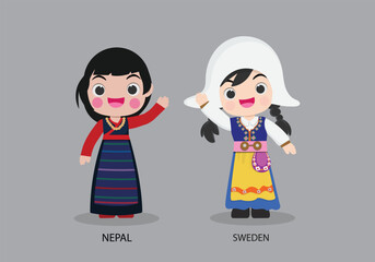 Obraz na płótnie Canvas Nepal peopel in national dress. Set of Sweden woman dressed in national clothes. Vector flat illustration.
