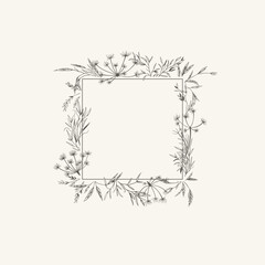 Square frame with meadow herbs. Botanical background with dried plants. Black and white. Line art style. Layout border for invitations, postcards, logos, covers, labels.