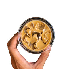 a cup of iced coffee with ice cubes