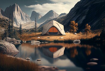Fototapeta na wymiar Tourist tent in a picturesque place near the mountains. AI generated. Generative AI