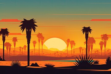 serene sunset scene with palm trees in the foreground. Generative AI