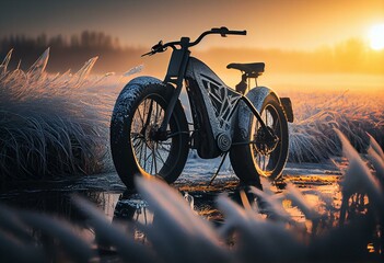 Black and gray electric bicycle in sunrise morning time on frosty field. Generative AI