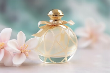 Perfume bottle with delicate plumeria flowers. Generative AI