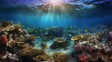 Naklejka na ściany i meble Coral Reef Wonderland - Sunrise Casting a Magical Glow in the Underwater Realm. Generative AI