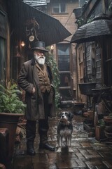 an old man with a beard, on the street of the old town, with a dog, rain, steampunk style, fantasy, generated in AI