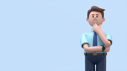3D illustration of  a thinking Asian man Felix  pondering making decision. Portraits of cartoon characters solving problems, feeling concerned puzzled lost in thoughts. Searching and finding a solutio - obrazy, fototapety, plakaty