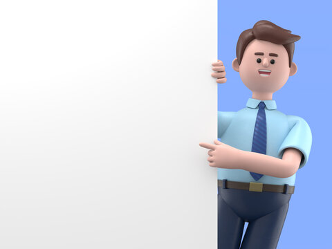 3D illustration of smiling Asian man Felix pointing finger at blank presentation or information board. Close up portrait of cute cartoon smiling businessman with advertising placard.
