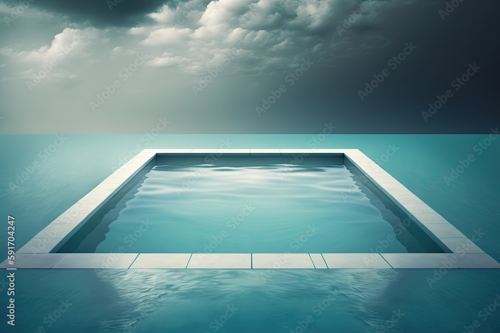Poster swimming pool under a cloudy sky. generative ai