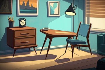  Minimalist Room with a Table, Chair, and Clock. Generative AI
